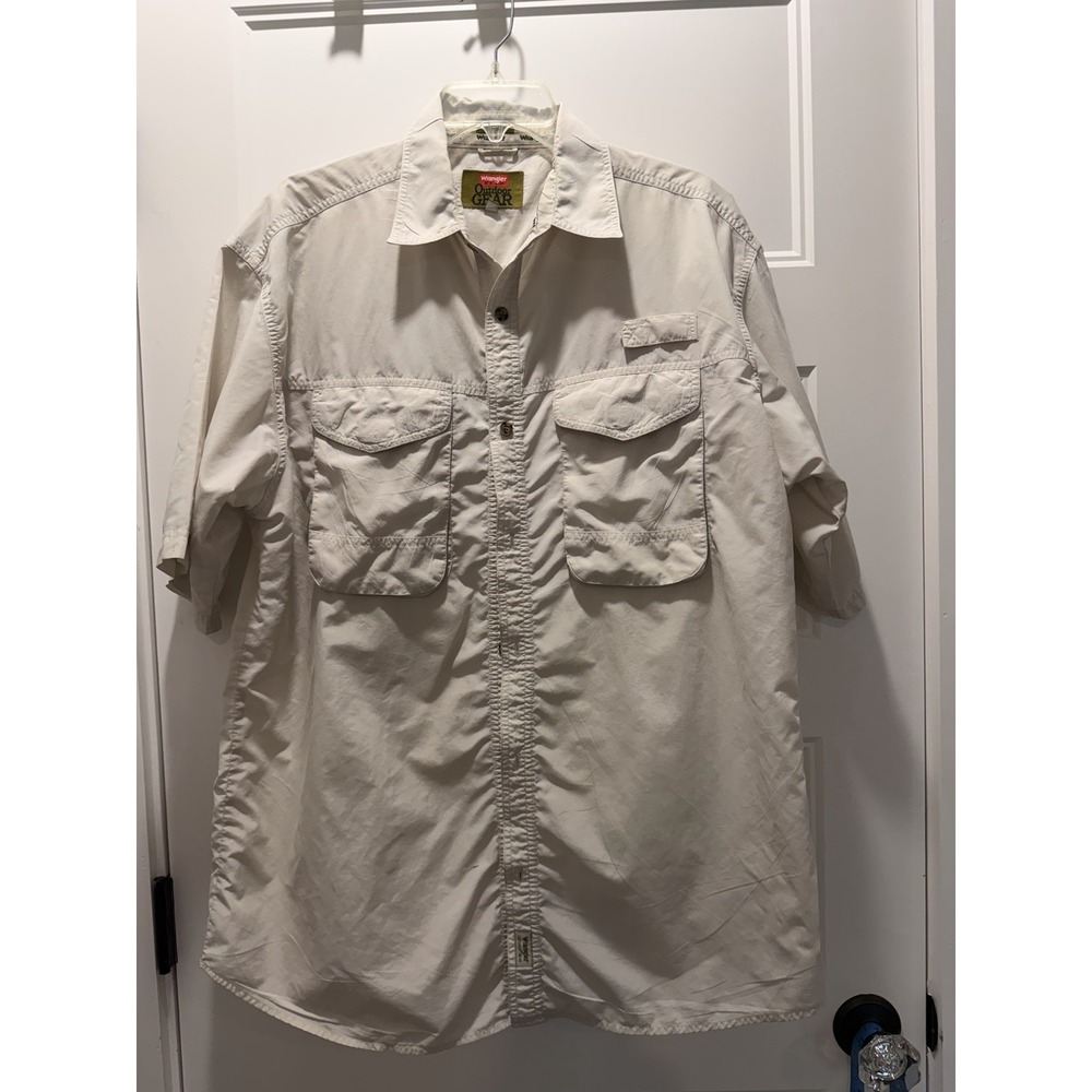 Wrangler Hero Outdoor Gear Fishing Shirt L Khaki Nylon Vented Pockets FLAW